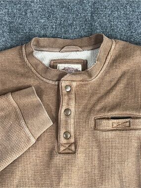 LL Bean Pullover Mens M Brown Katahdin Iron Works Bonded Waffle Fleece Henley